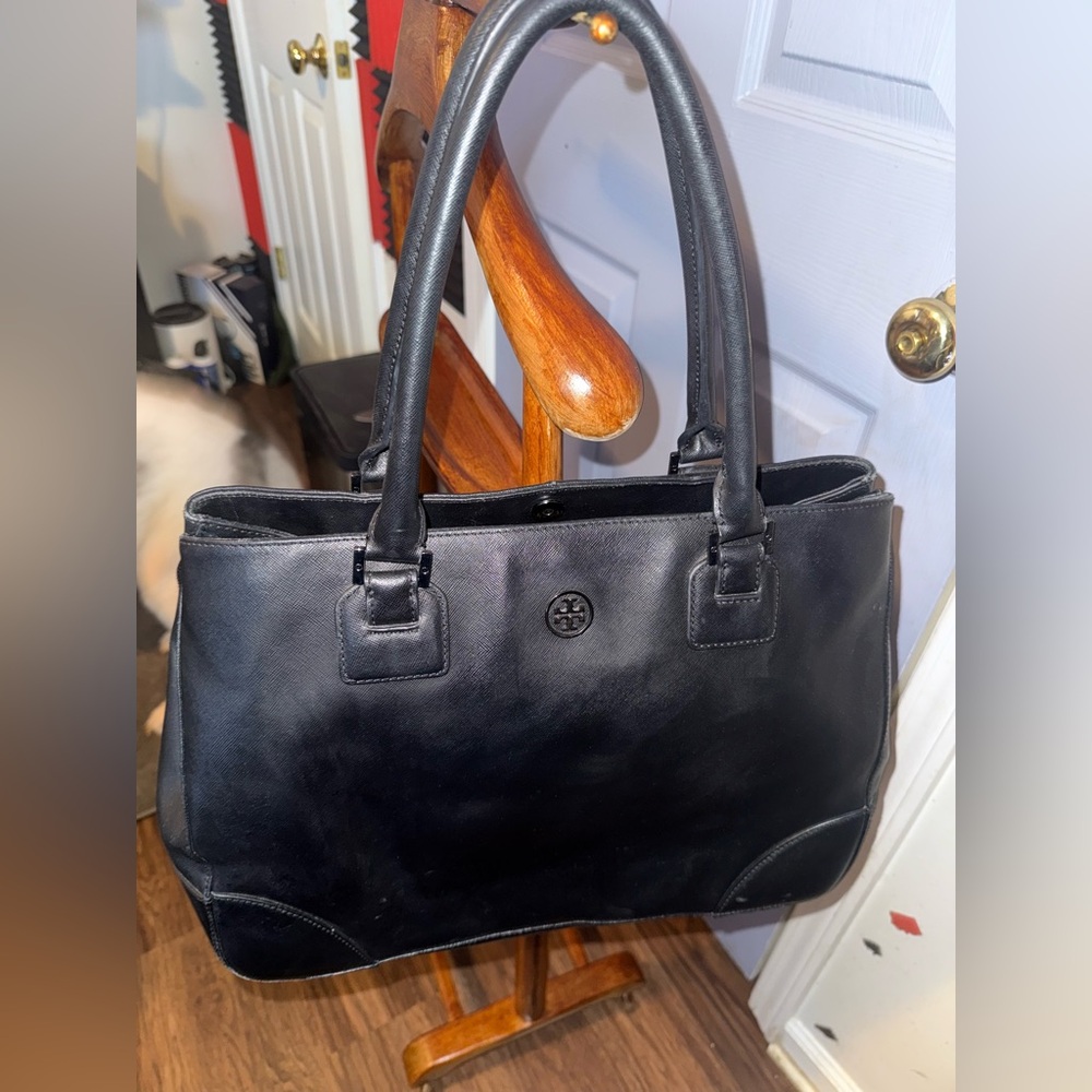 Used Tory Burch Hudson bay tote bag black leather